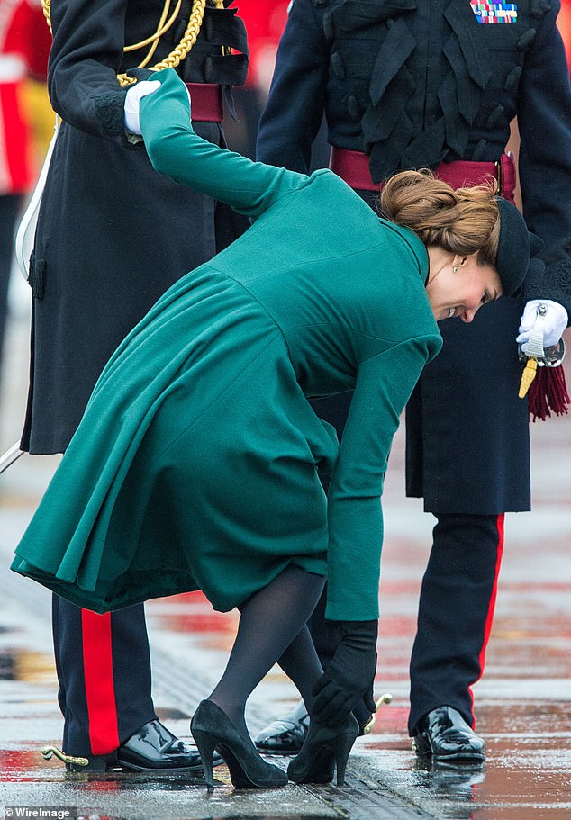 Catherine, Princess of Wales, got her shoe stuck in the grille during the 2013 St Patrick's Day Parade at Mons Barracks in Aldershot.  Fortunately, Prince William was able to provide support