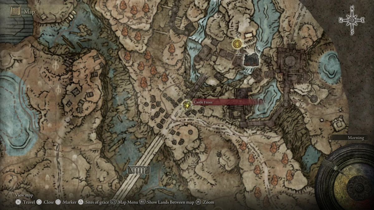 Mercy's castle front location on the map in Elden Ring