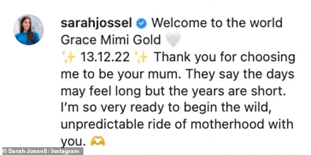 Sarah, who married her husband in August 2021, revealed she gave birth a week earlier on December 13 and thanked Grace for 'choosing me to be your mother'