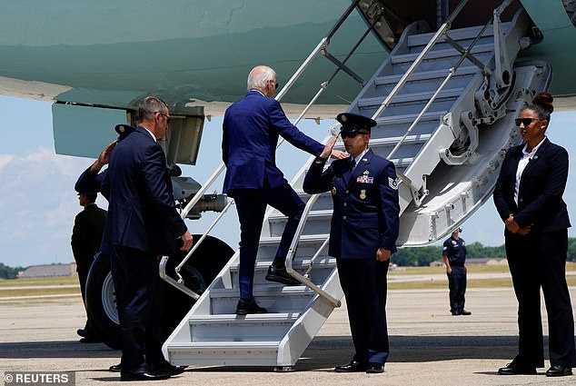 President Joe Biden boards Air Force One - via the shorter flight of stairs - en route to Atlanta, Georgia for the first presidential debate, taking place at CNN headquarters
