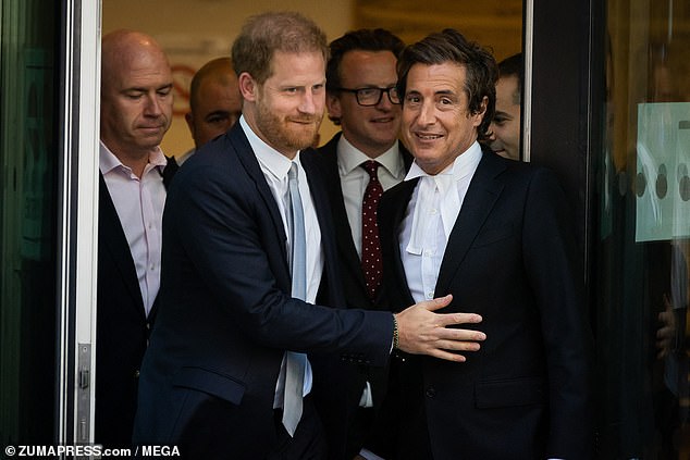 Prince Harry and his lawyer David Sherborne leave the Rolls Building at the Royal Courts of Justice in June 2023