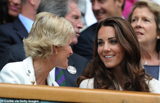 The Princess of Wales talks to Gill Brook, wife of Philip Brook, then chairman of the All England Club, during a quarter-final at Wimbledon in 2012