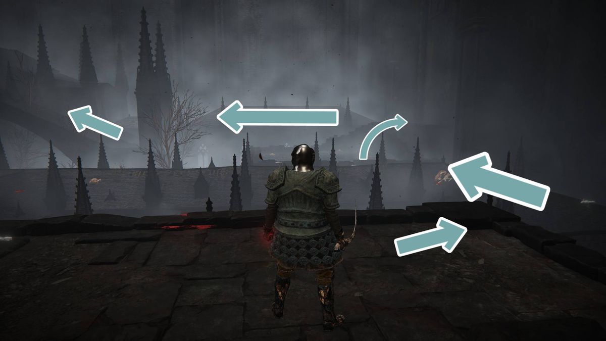 Arrows indicate directions to Shadow Keep during the Fire Knight Queelign mission in the Elden Ring DLC.