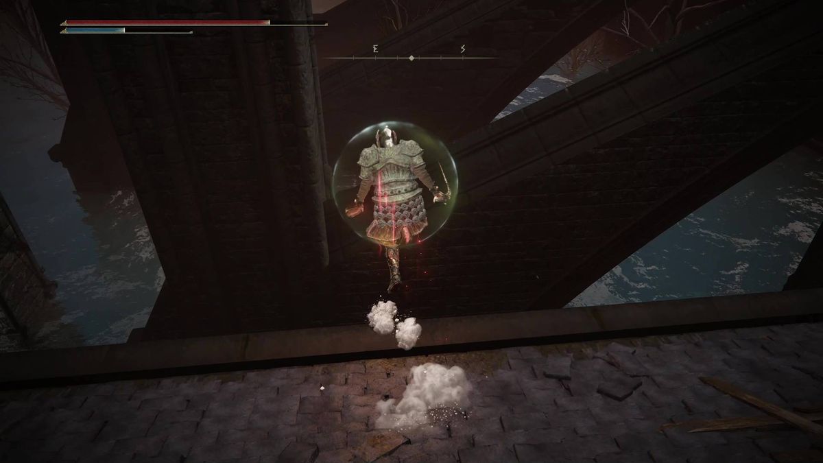 An Elden Ring DLC ​​player jumps across rooftops in search of the location of Fire Knight Queelign.