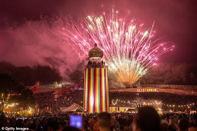 Ahead of Glastonbury, the non-profit organisation, which recently carried out drug checks at Manchester's Parklife festival, warned that young people coming of age during Covid were 'particularly at risk'.  Pictured, fireworks explode over the venue yesterday at the end of day one of Glastonbury Festival 2024