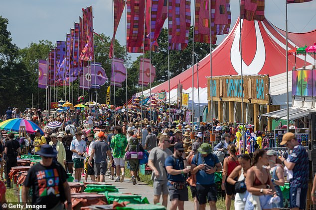 Drug testing at festivals is part of an approach known as harm reduction. Organisers and police will try to prevent drugs from entering, but most agree that it is almost impossible to prevent it in the first place. Pictured are people walking around on the first day of Glastonbury yesterday