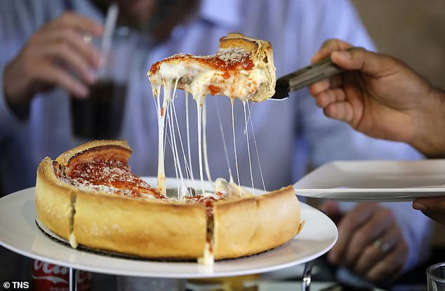 Deep-dish pizza, invented in Chicago in the 1940s. is cooked in a deep pie pan, creating a thick, high crust, filled with cheese and tomato sauce