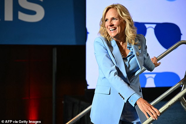 First lady Jill Biden led the crowd in a cheer and called former President Donald Trump a liar