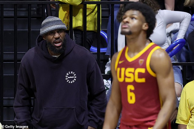 LeBron James yells at Bronny during USC's game against Cal in February 2024