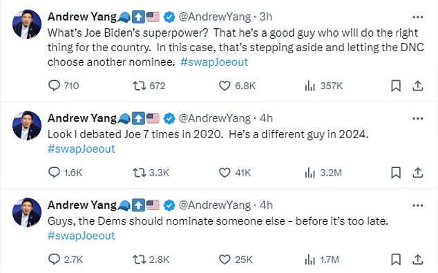 Andrew Yang ran against Biden for the 2020 Democratic nomination. On Thursday, he was among Democrats who said the president should distance himself from the party ticket