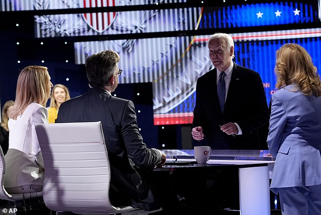Biden greets the two moderators Dana Bash, left, and Jake Tapper after the debate