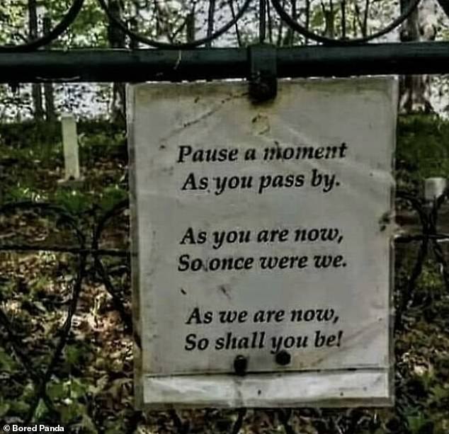 Spotted in an overgrown graveyard, this creepy sign would give anyone chills