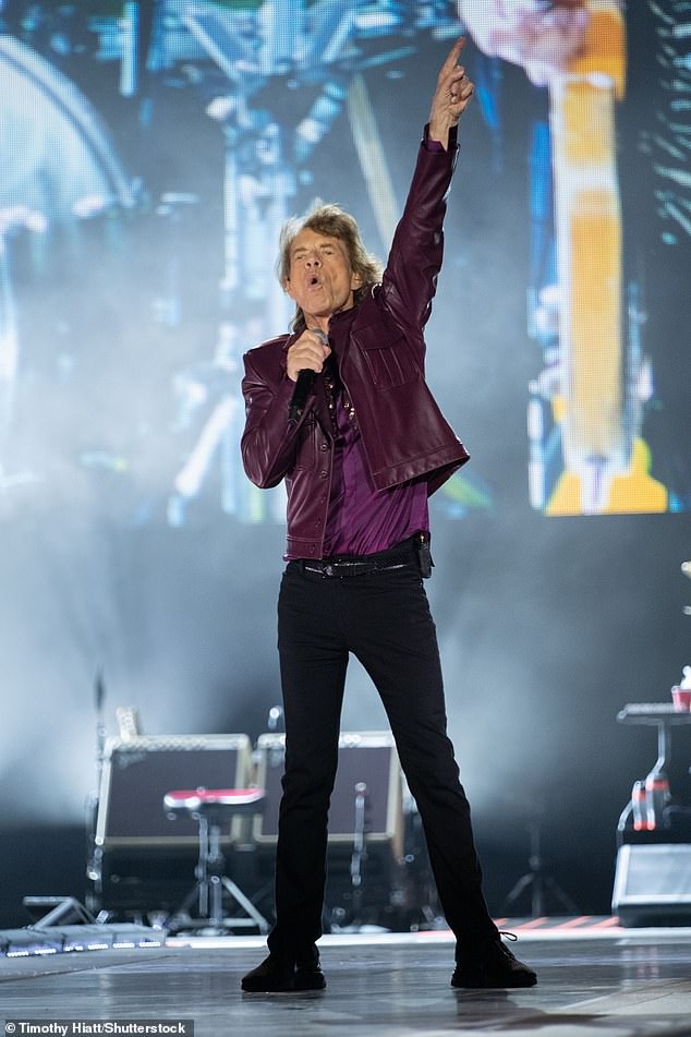 Sir Mick Jagger, 80 (pictured), put on a typically energetic show when he was joined by guitarist Keith Richards, 80, and bassist Ronnie Wood, 77, on Thursday evening