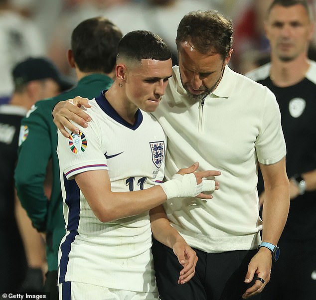 On Wednesday it was announced that Foden (left) had left Gareth Southgate's (right) England squad 'due to an urgent family matter'