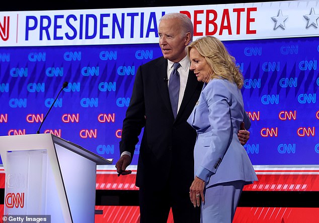 Joe Biden hugs First Lady Jill Biden after the debate at CNN Studios on June 27