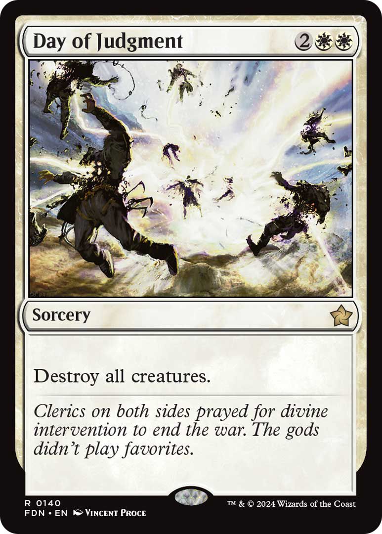 Day of Judgment is a Sorcery that costs two colorless and two white mana.  It destroys all creatures on the table.