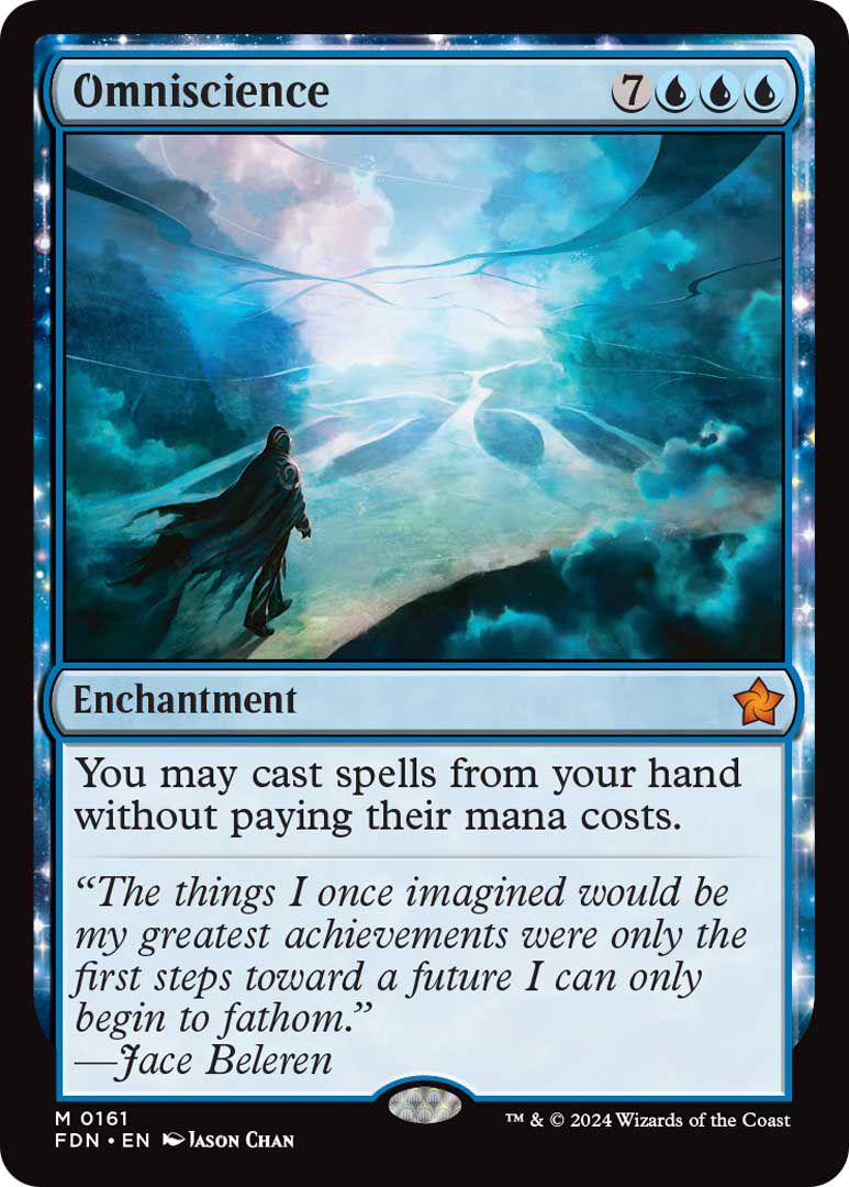 Omniscience is a spell that costs 7 colorless and 3 blue mana — which is quite a lot. It allows the caster to cast spells from their hand without having to pay their mana cost.