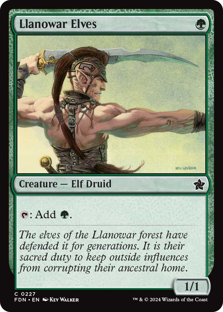 Llanowar Elves is a creature, and Elf Druid, which is 1/1 and adds green mana when tapped.