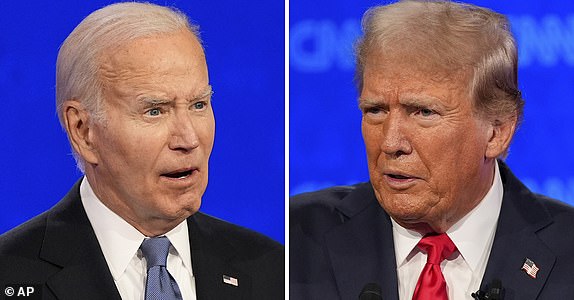 This combination of photos shows President Joe Biden (L) and Republican presidential candidate former President Donald Trump during a presidential debate hosted by CNN, Thursday, June 27, 2024, in Atlanta. (AP Photo/Gerald Herbert)