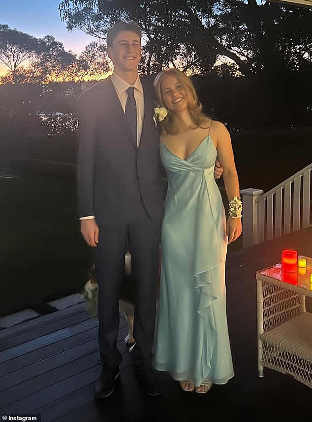 Looking very handsome in a navy blue suit, River beamed from ear to ear as he posed with his date Daisy Thomas, a competitive skier