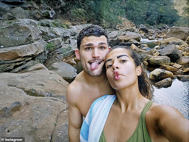 The Australian footballer, 21, shared a series of photos from her day out on Instagram on Friday, including a loved-up selfie with her rugby player boyfriend Nathan (left)