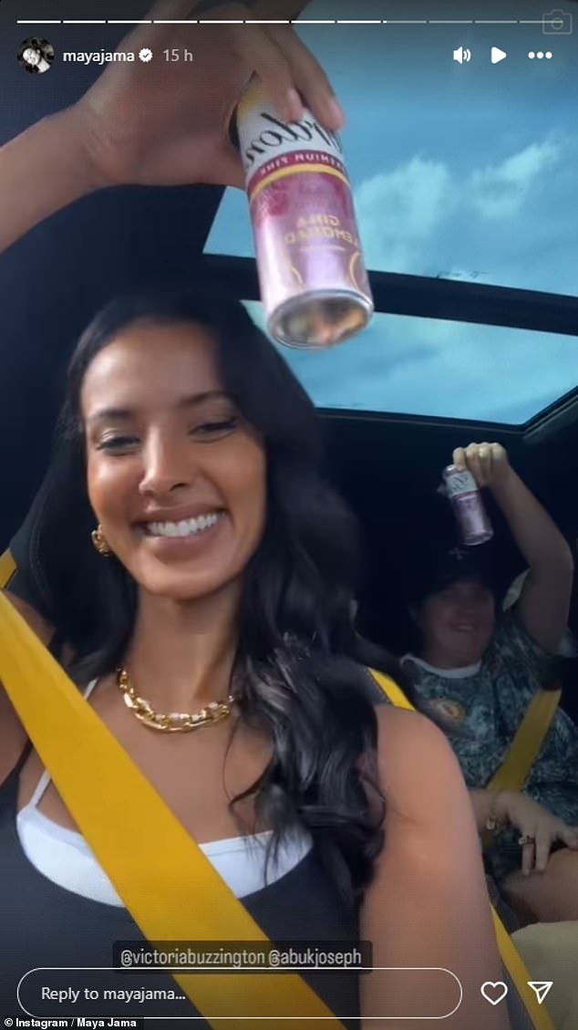Elsewhere at Worthy Farm, Maya Jama got into the festival celebrations and enjoyed a can as she travelled to the iconic location with her friends