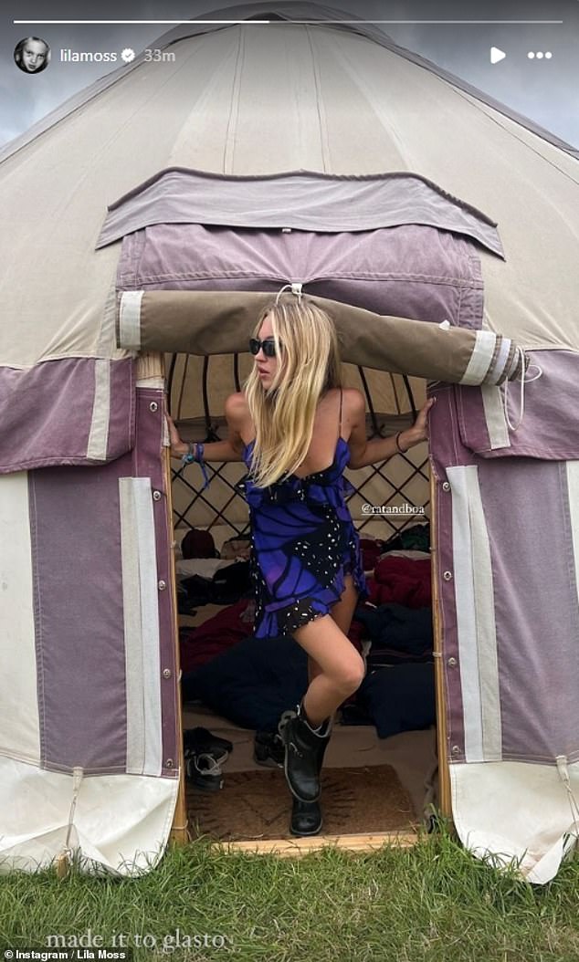 Lila Moss also showed off her model body in a slinky purple minidress as she shared an Instagram photo from her luxurious yurt at the festival