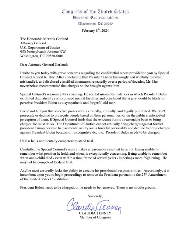 New York Republican Rep. Claudia Tenney sent a letter to Attorney General Merrick Garland demanding he 