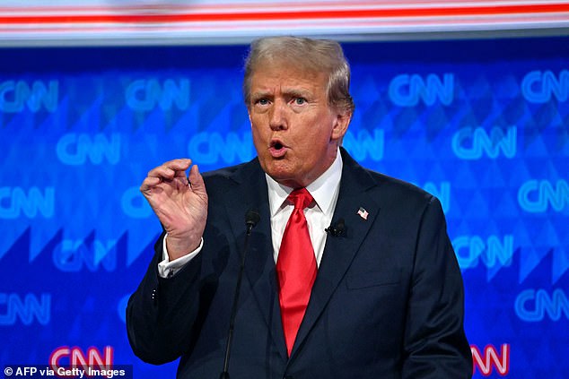 Former US President and Republican presidential candidate Donald Trump speaks as he participates in the first presidential debate of the 2024 election with US President Joe Biden at the CNN studios in Atlanta, Georgia, on June 27, 2024