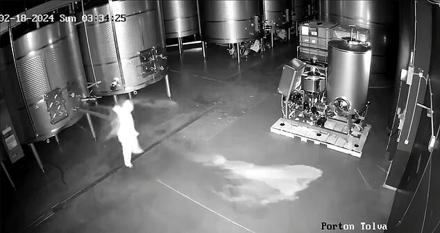 The worker is splashed by wine spraying from the tank and is nearly knocked over