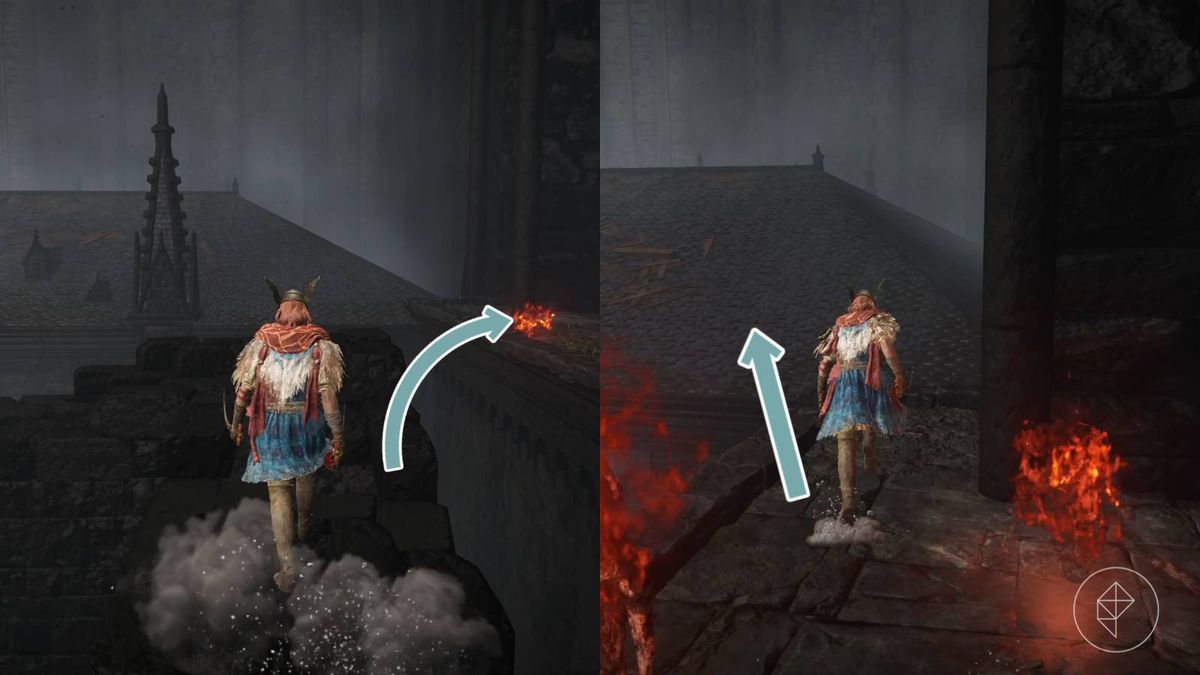 Split image of the path across the rooftops in the Shadow Keep church district in the Elden Ring DLC, Shadow of the Erdtree.