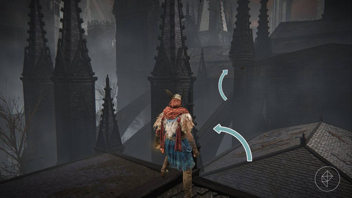Character jumping to a buttress and a roof in the church district of Elden RIng's DLC, Shadow of the Erdtree.