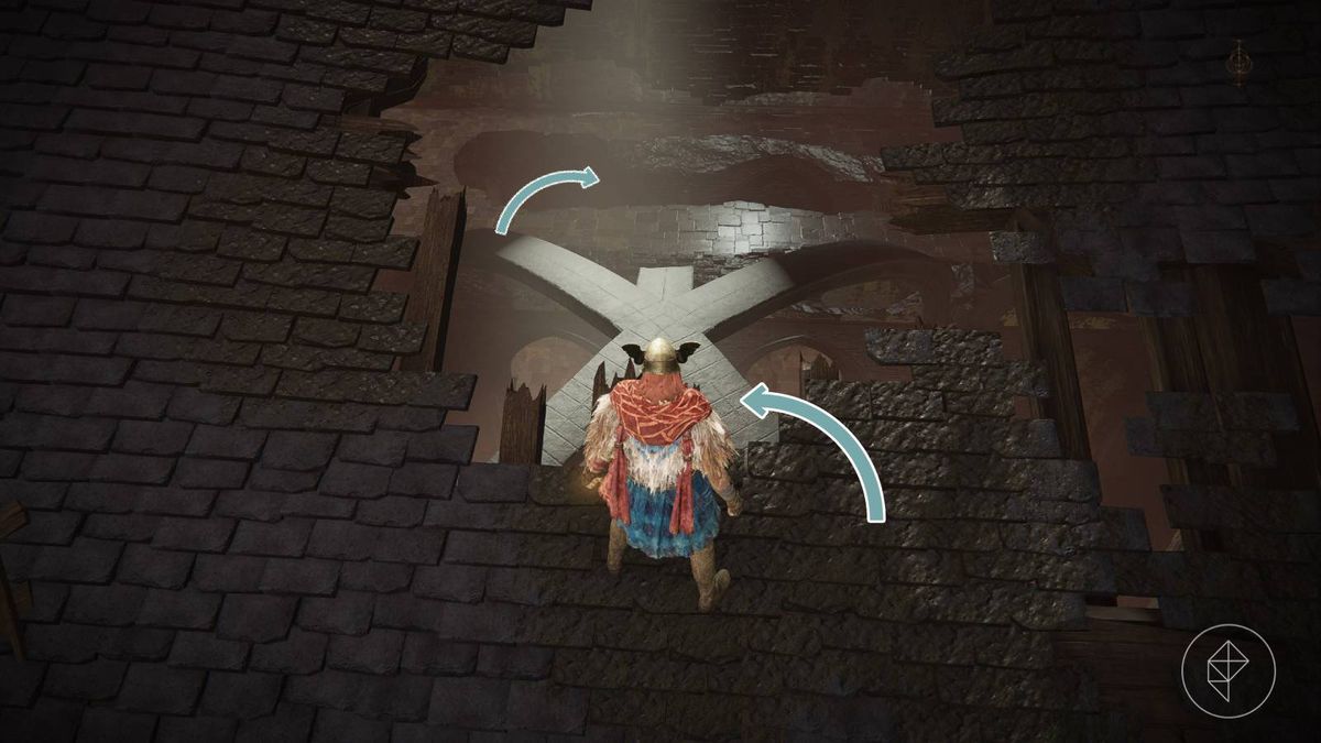 A character jumping on an arch in Elden Ring's Church District DLC Shadow of the Erdtree.