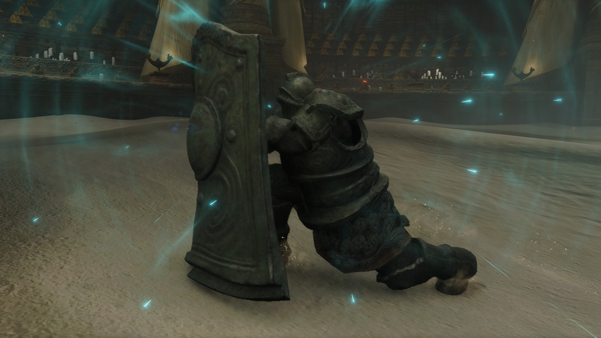Moore pushes his shield forward during the Leda boss fight in Elden Ring Shadow of the Erdtree