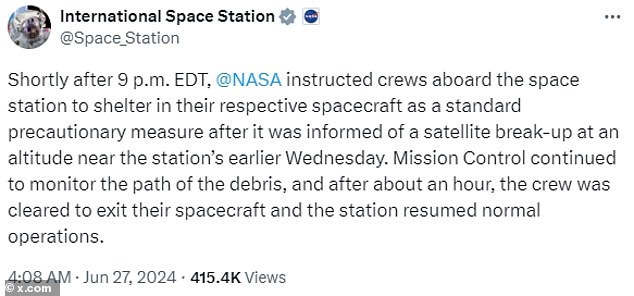 According to NASA's X account for the International Space Station, the instruction to the crew to take shelter was a 