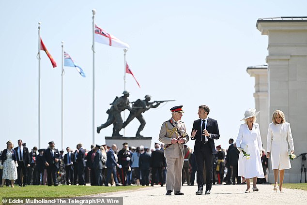 Queen Camilla today spoke about her presence at the 80th anniversary of the D-Day commemorations in Normandy.  She is pictured on June 6 with King Charles III and Emmanual and Brigitte Macron