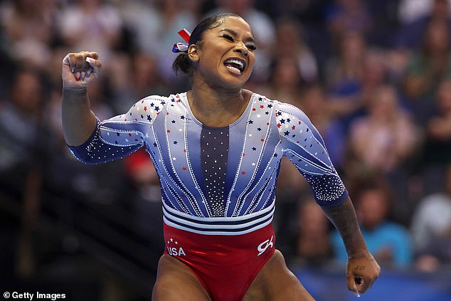 Jordan Chiles celebrates competing in the floor exercise on Day 1 of the Olympic Trials