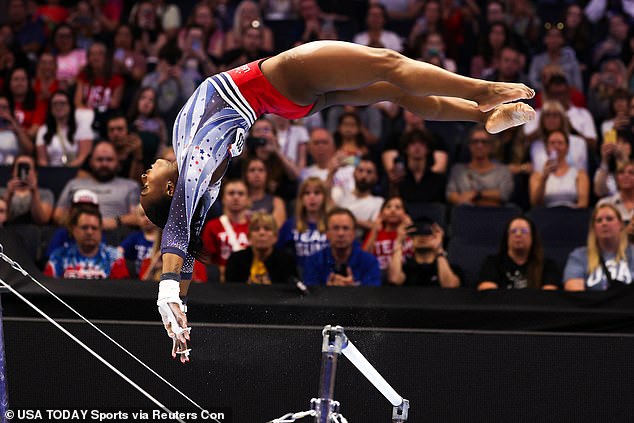 Simone Biles competes on the uneven bars on Day 1 of the U.S. Olympic Trials in Minneapolis