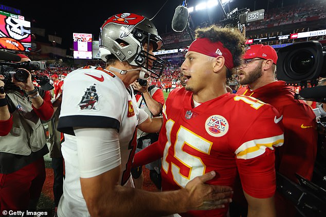 Mahomes and Brady after the Chiefs defeated the Buccaneers in Tampa in Brady's final season