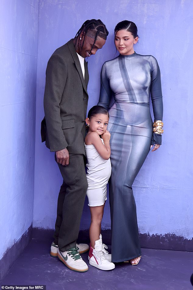 Jenner is a mother of two and shares Stormi, 4, and Aire, 2, with rapper Travis Scott, whom she dated on and off from 2017 to 2022;  Travis, Stormi and Kylie seen in 2022