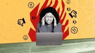 Composite photo collage of an upset stressed woman using a MacBook