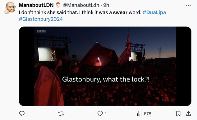 Others defended Dua, claiming she never swore, writing: 'I don't think she said that. I think it was a swear word. #DuaLipa #Glastonbury2024'
