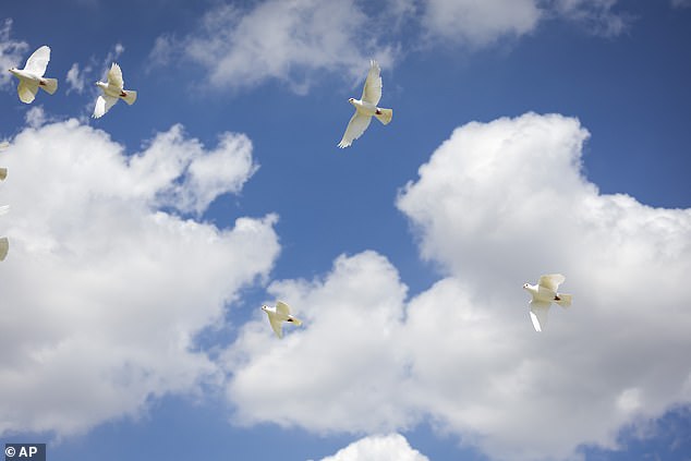 White doves fly after being released during Jocelyn's funeral service on Thursday
