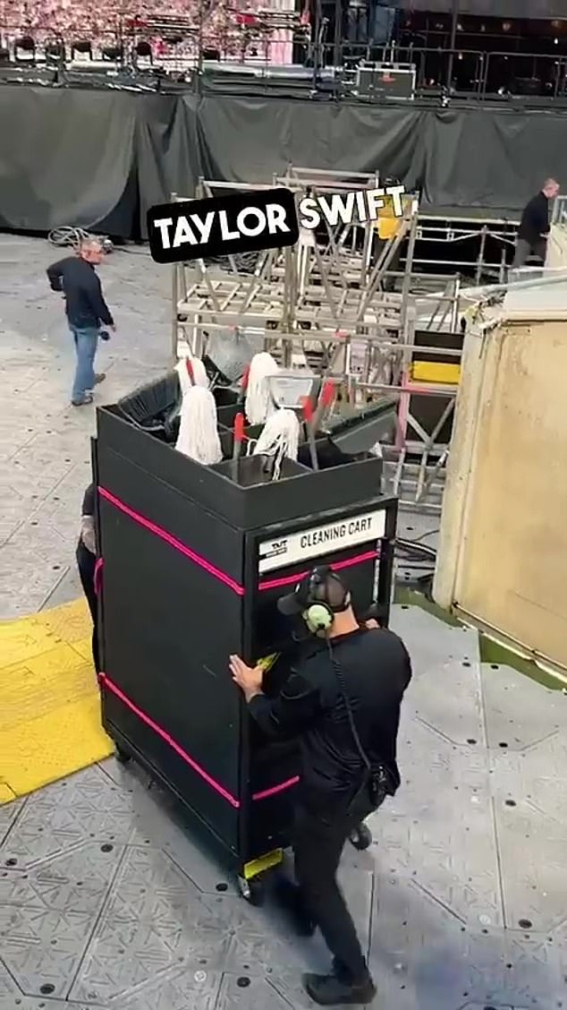 Look what you made me do: Taylor was wheeled into the arena and backstage area in an oversized cleaning truck earlier during a tour in Texas