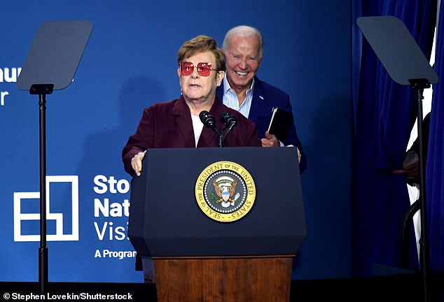 Sir Elton John pictured with Joe Biden at the grand opening of the Stonewall National Monument Visitor Center on June 28