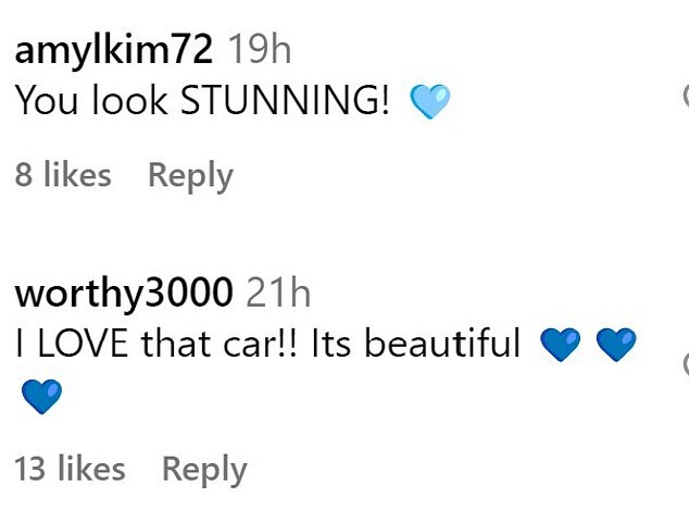 Fans punctuated their compliments with blue hearts, expressing their approval of the vehicle and dress