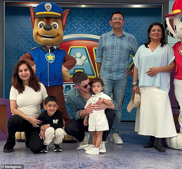 Nick and Malti were joined by Priyanka's mother, Dr Madhu Akhouri Chopra, and friends Sudeep and Tamanna Dutt at the Gold Coast theme parks earlier this week
