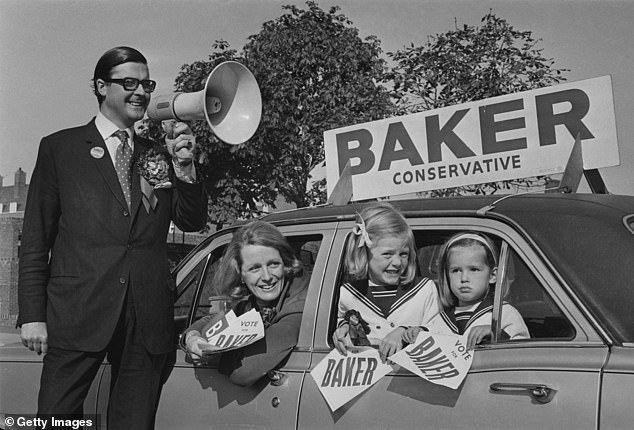 Kenneth Baker, then a Tory candidate, with his family and a speaker in 1970