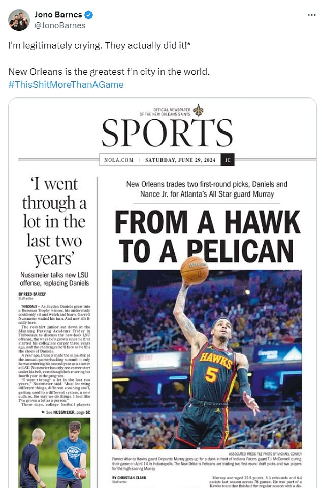 The Times Picayune ran the clever headline about NBA star Dejounte Murray being traded from the Hawks to the Pelicans after a fan suggested it on social media