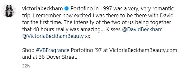 In an Instagram post on Saturday, the Spice Girl reminisced about a weekend in Portofino in 1997, just weeks after dating the footballer